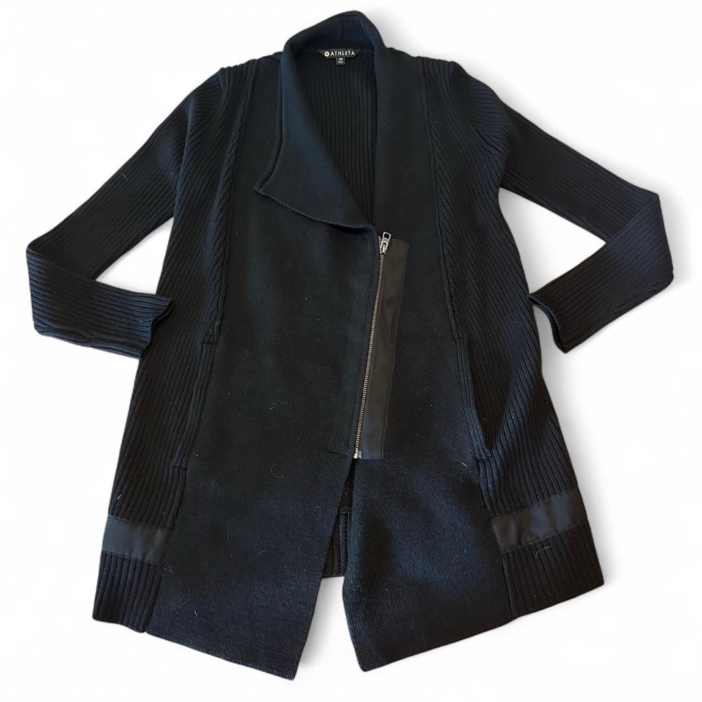 Athleta Women's XS Black Sentinel Sweater Moto Wrap‎ Jacket Merino Wool Blend
